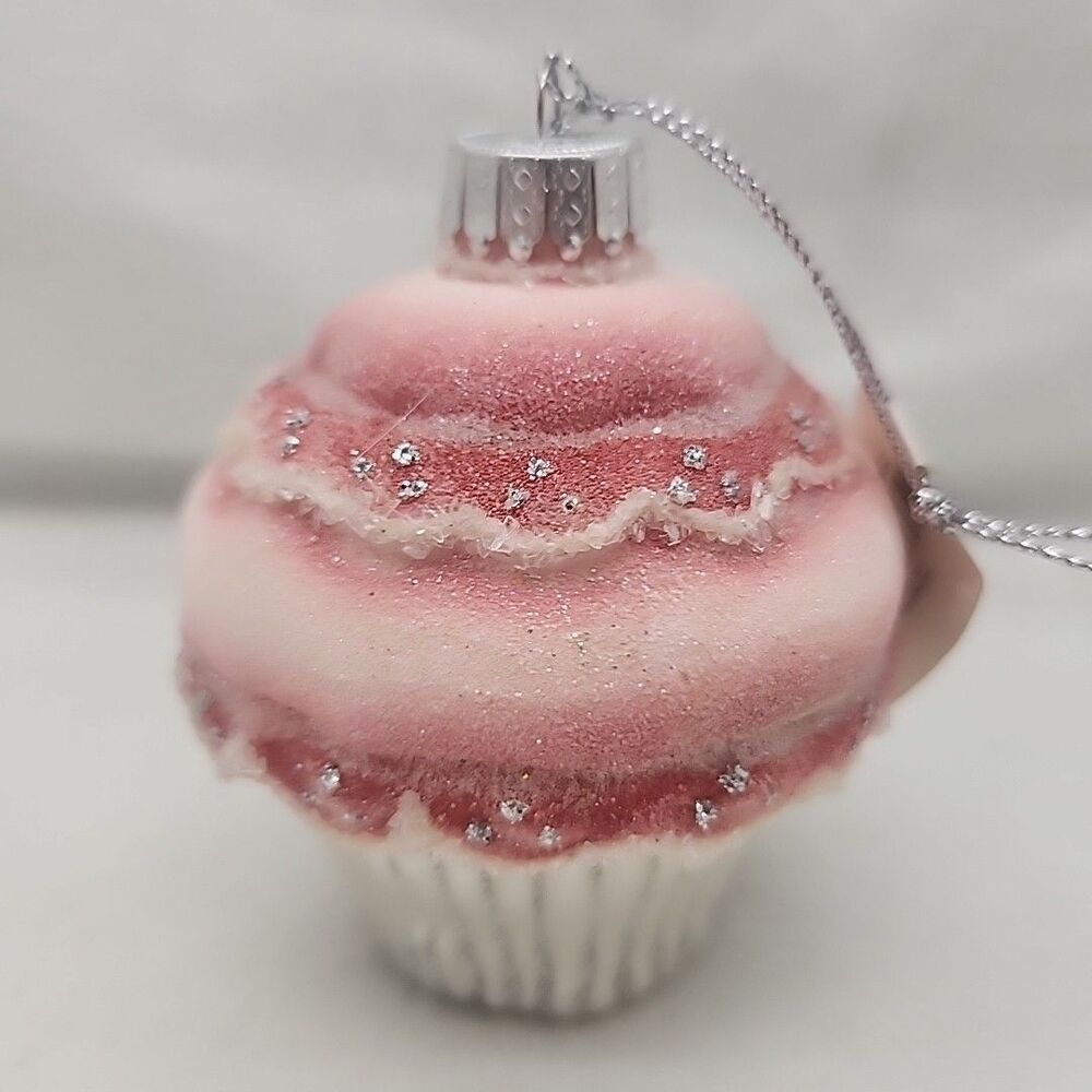 Ornament DEPT 56 Cupcake Glass Christmas Glitter Sparkle Pink White Silver NEW